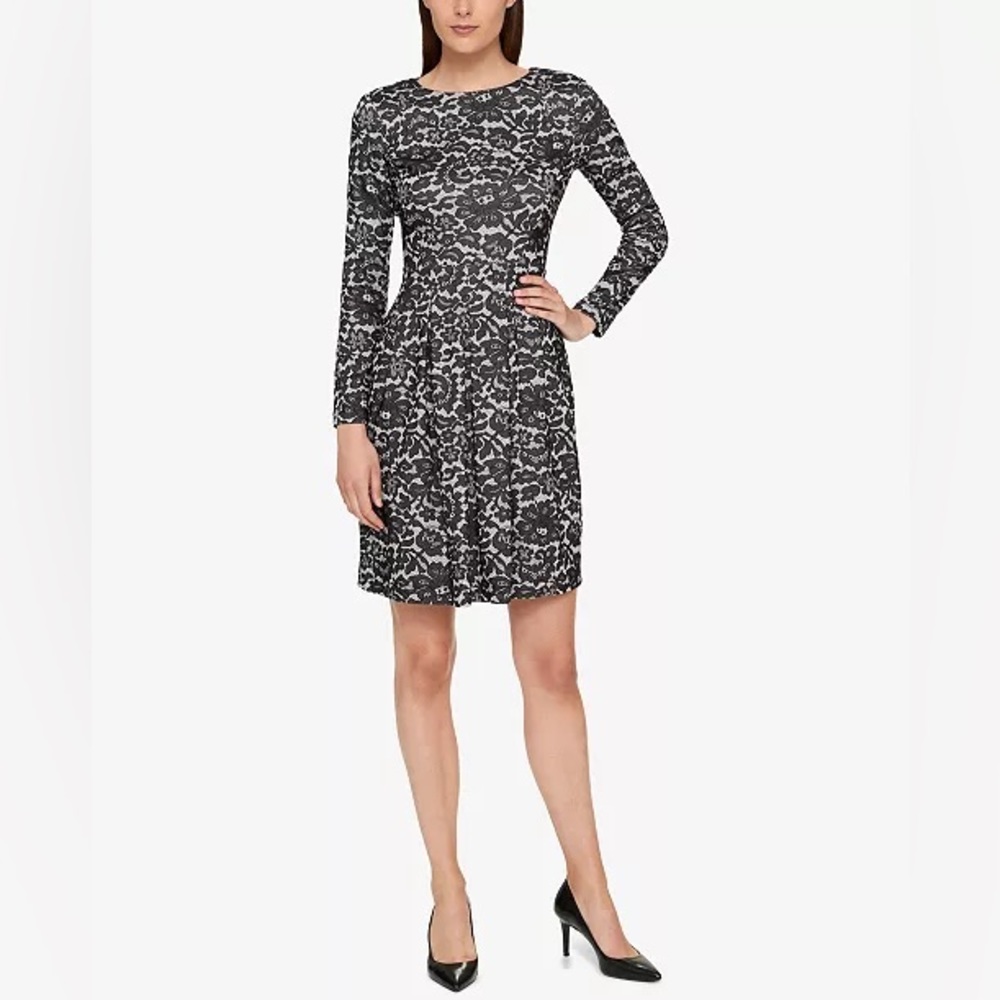 TOMMY HILFIGER Long Sleeve Black & White Faux Lace Fit & Flare Dress | Size 12